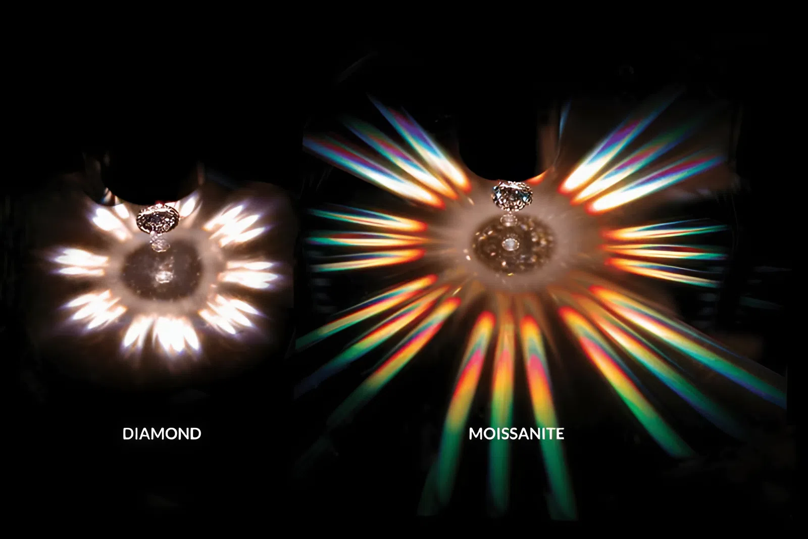 So sánh viên Moissanite và kim cương thiên nhiên dưới ánh sáng – sự khác biệt về độ lấp lánh và sắc màu ánh sáng phản chiếu